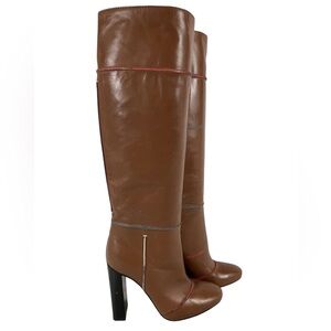 Authenticated Fendi Leather Knee-High Heeled Boots Brown Pink Soles EU 36